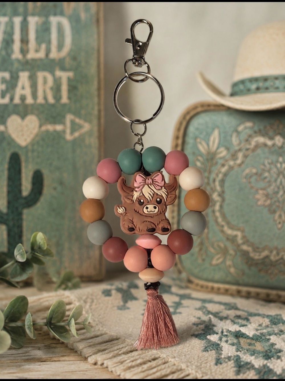 Handmade Multi Colored Beaded Keychain with Cute Highland Cow Charm